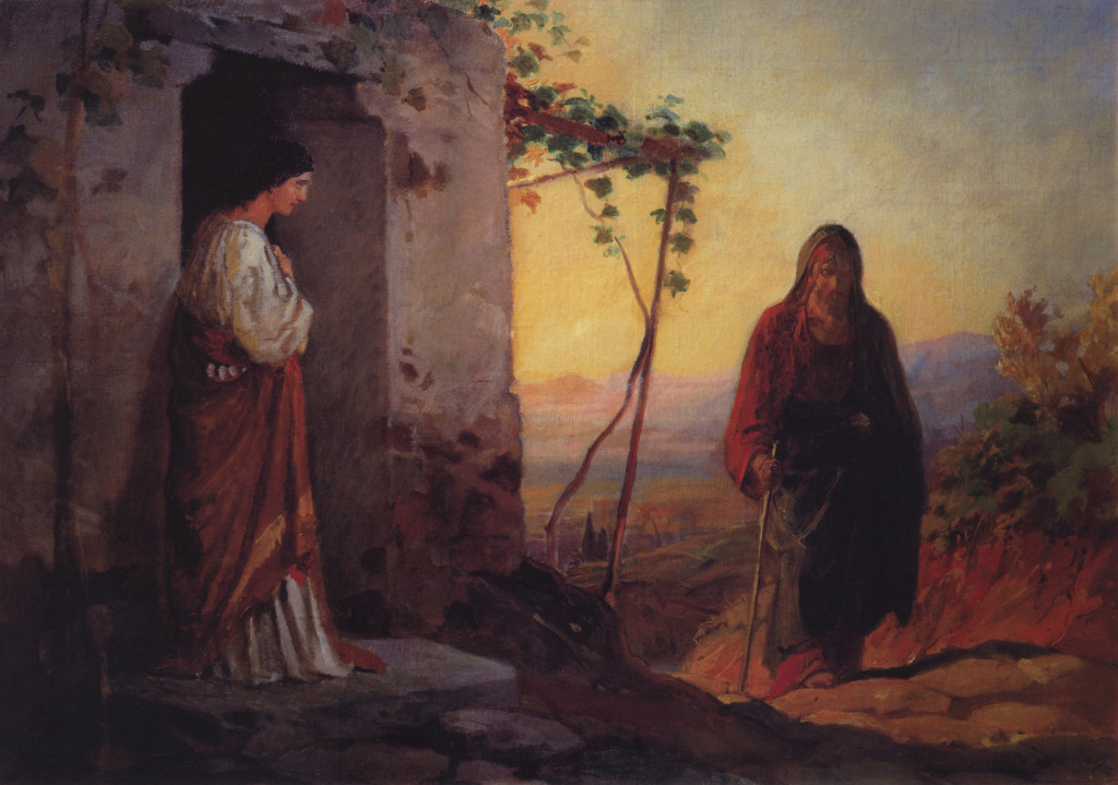 Мария, сеста Лазаря, встречает Иисуса Христа, идущего к ним в дом.